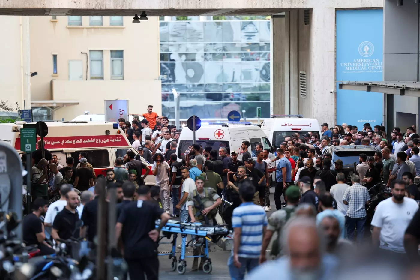 Ambulances arrive at American University of Beirut Medical Center as more than 1,000 people, including Hezbollah fighters and medics, were wounded when pagers they use to communicate exploded across Lebanon, in Beirut, Lebanon, on 17 September 2024 (Mohamed Azakir/Reuters)