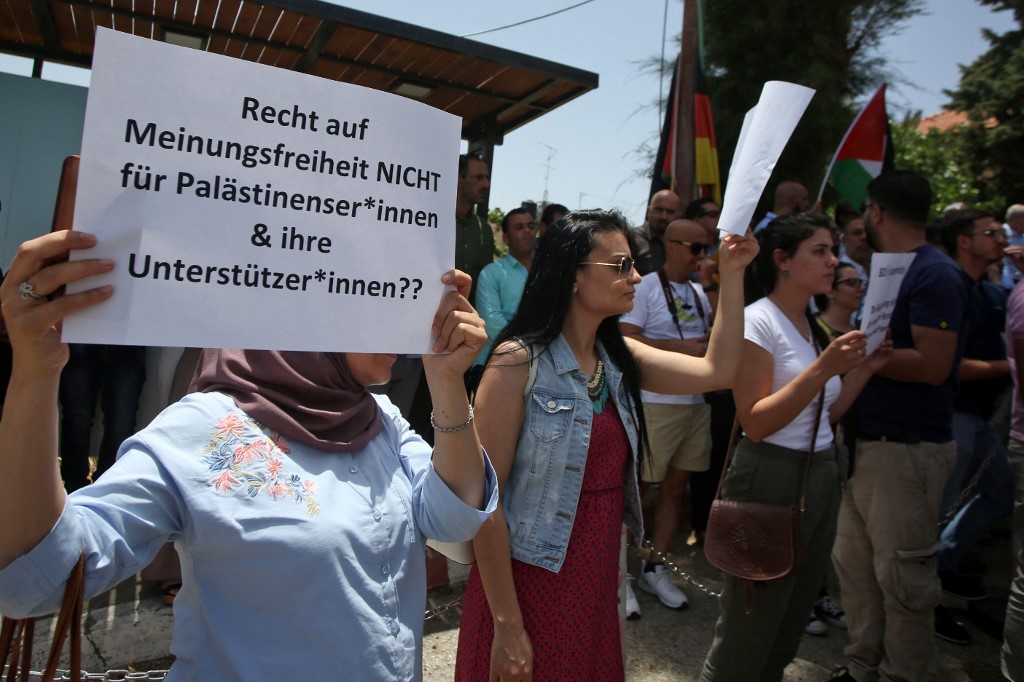 Palestinians in Ramallah protesting Germany's decision to label the Boycott, Divestment and Sanctions movement as antisemitic (AFP) 