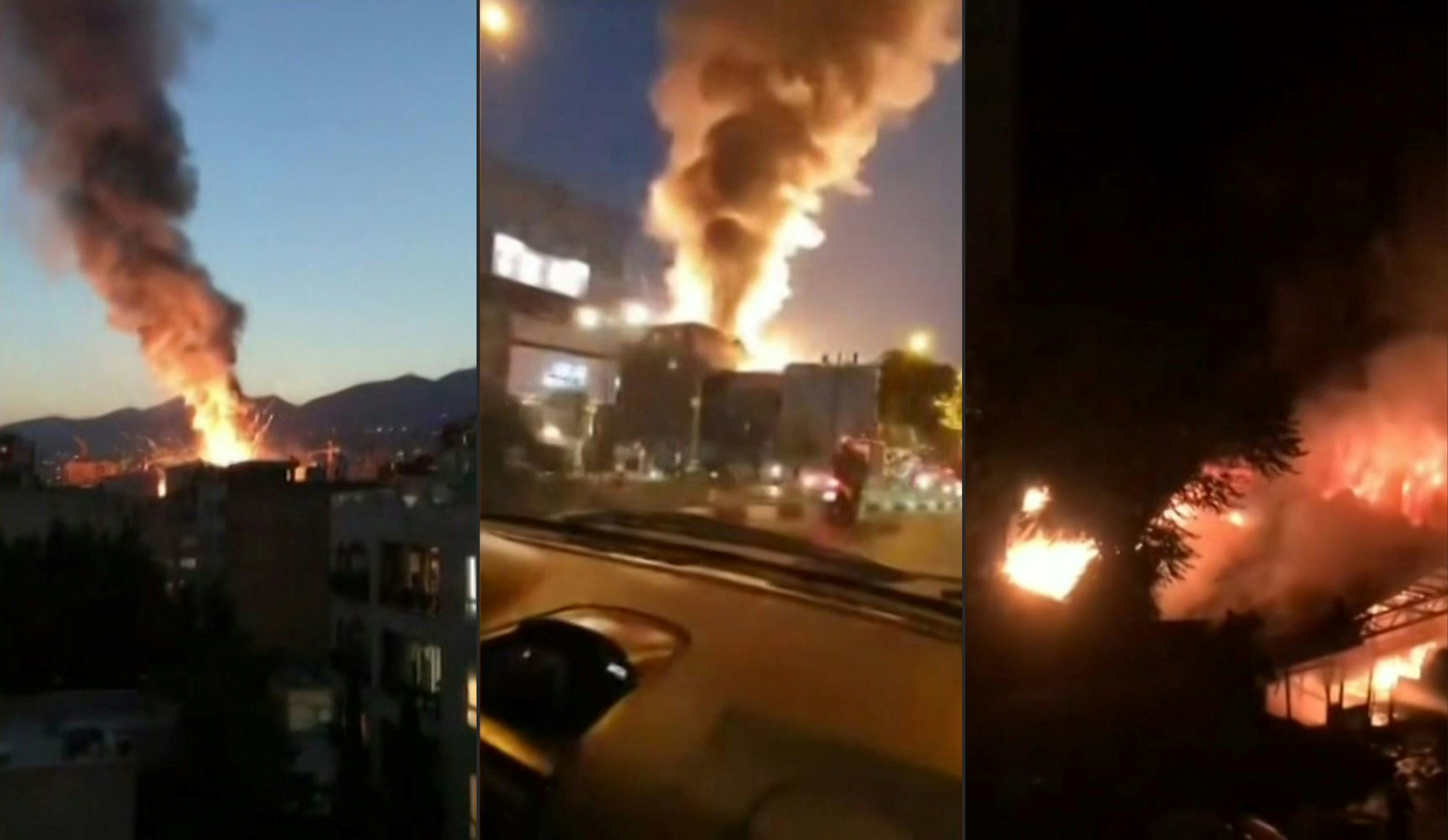 This combination image grabs from footage obtained from the state-run Iran Press news agency on 30 June shows footage of a powerful explosion at a clinic in northern Tehran (AFP)