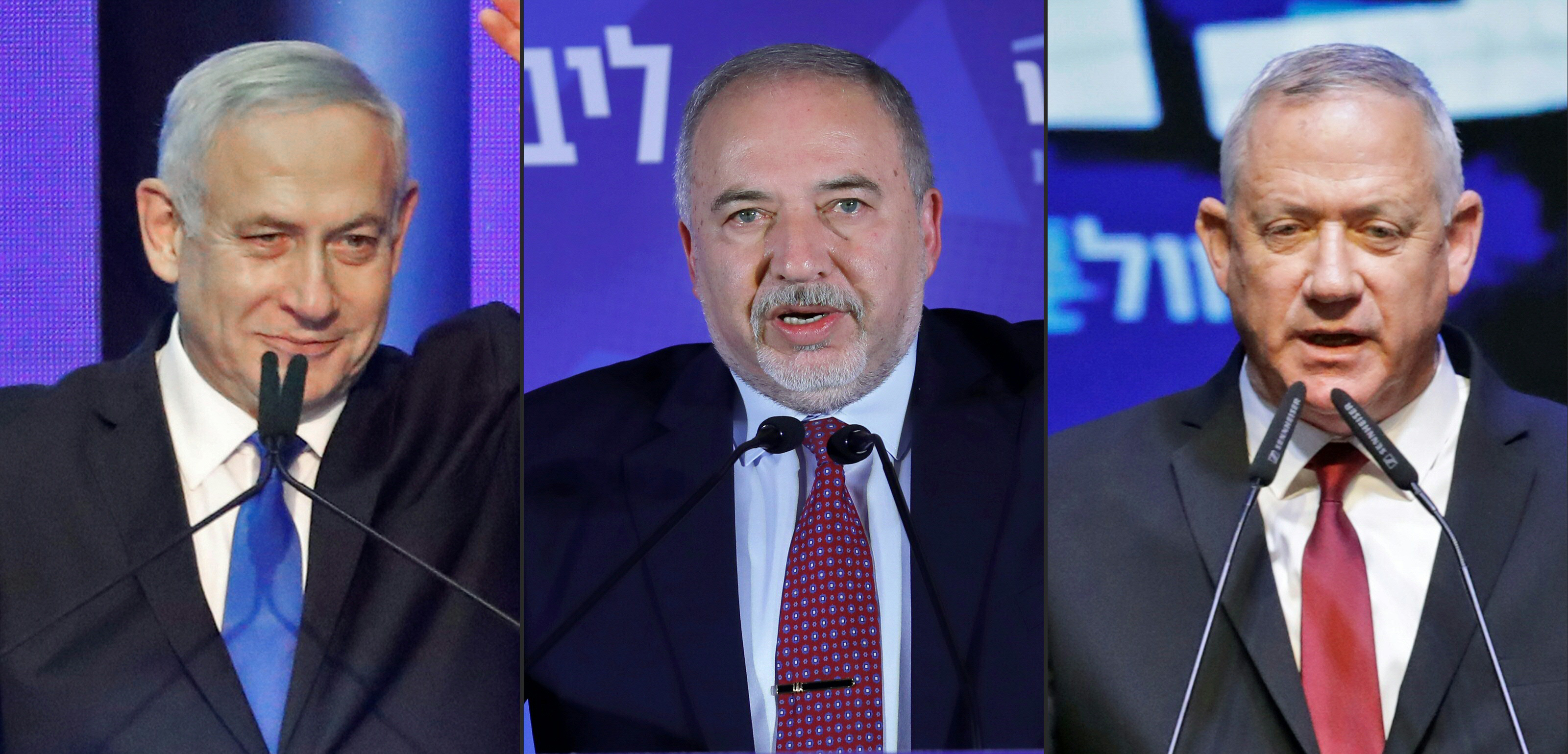   Israeli Prime Minister Benjamin Netanyahu, Avigdor Lieberman, leader of the Israeli nationalist Yisrael Beiteinu party and retired General Benny Gantz (AFP)