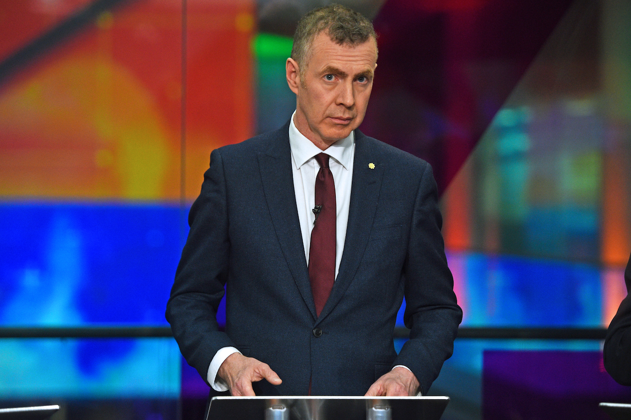 Plaid Cymru leader Adam Price practices ahead of the Channel 4 News Climate Debate in London (AFP)