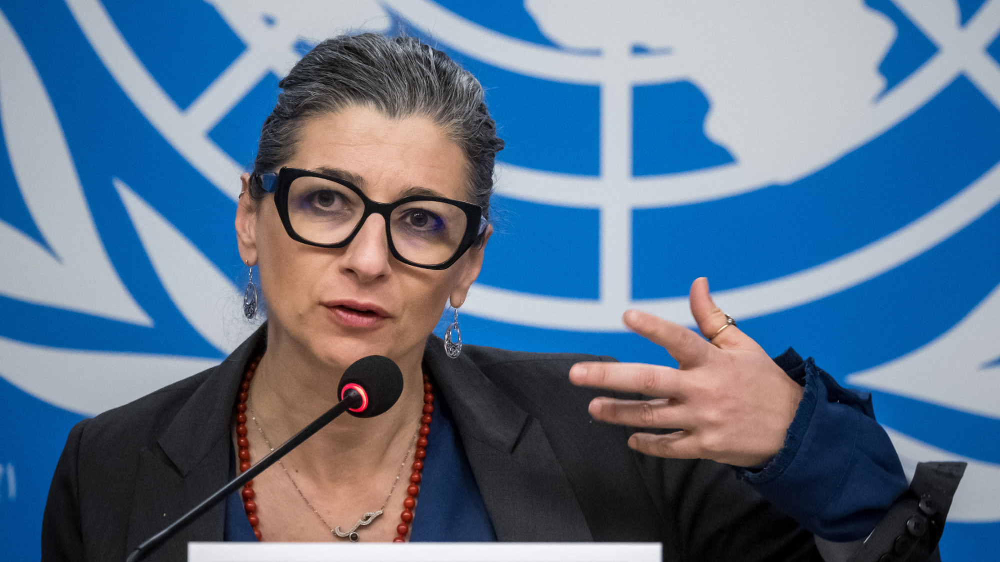 Francesca Albanese looks on at a press conference during a session of the UN Human Rights Council, in Geneva, on 27 March 2024 (AFP/Fabrice Coffrini)