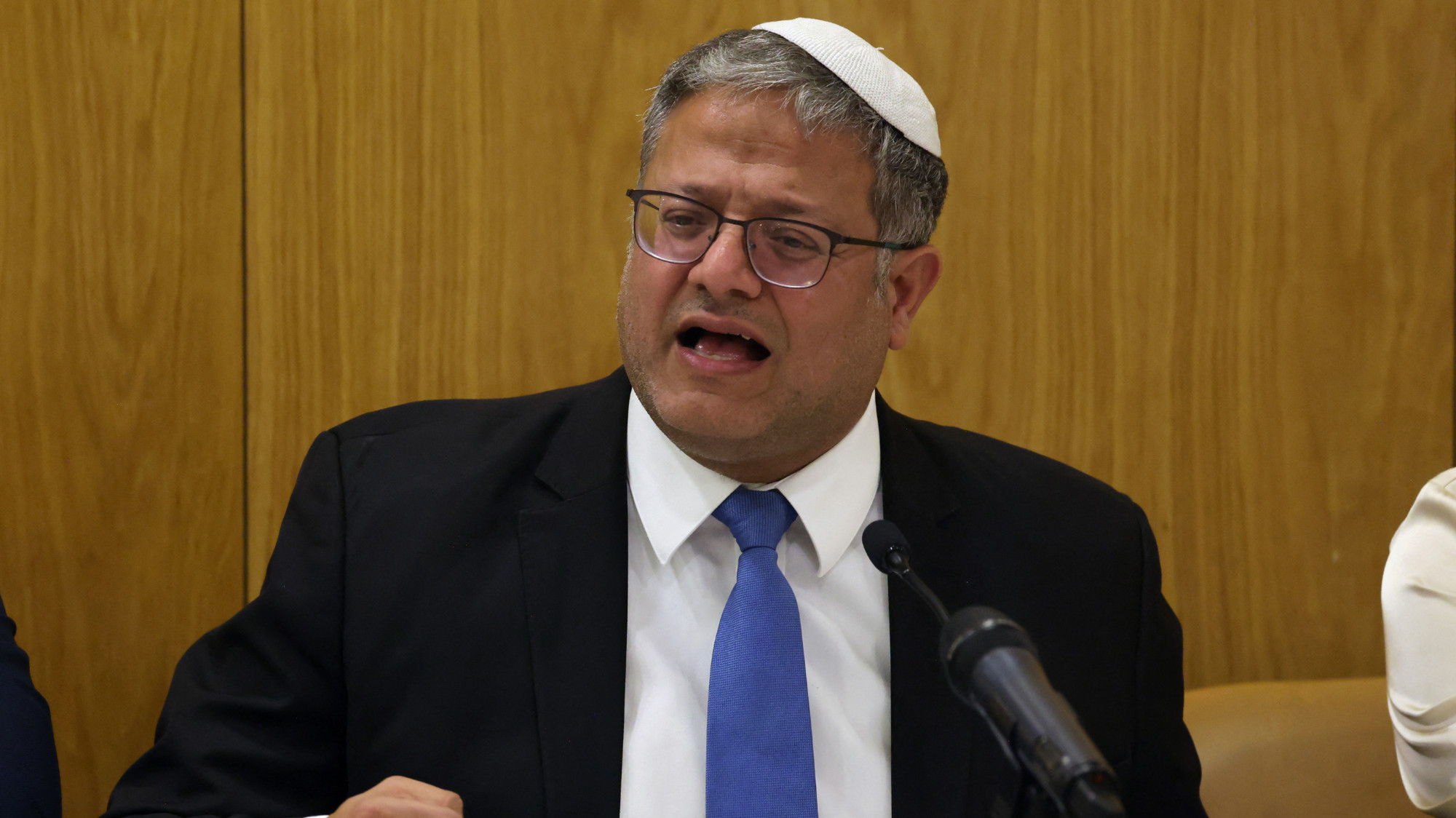 Israel's National Security Minister Itamar Ben-Gvir gives a statement during a party meeting at the Israeli parliament, the Knesset, in Jerusalem on 3 June 2024 (AFP)