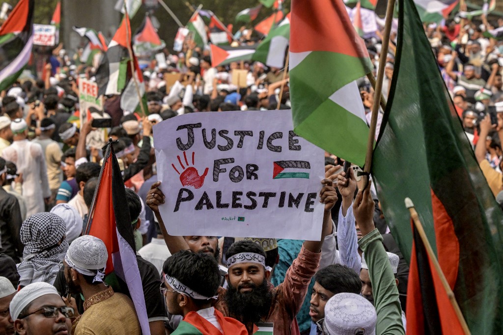 People participate in a demonstration titled 
