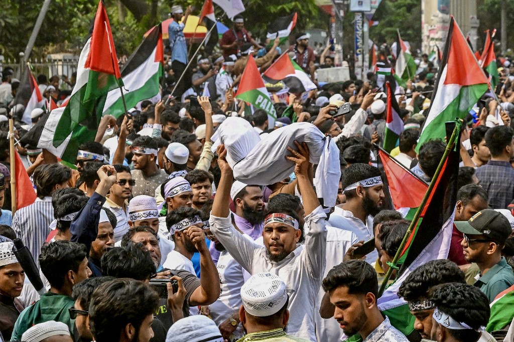 People participate in a demonstration titled 