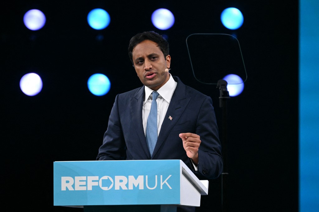 Zia Yusuf, head of policy, addresses the audience at the Reform conference. (AFP)