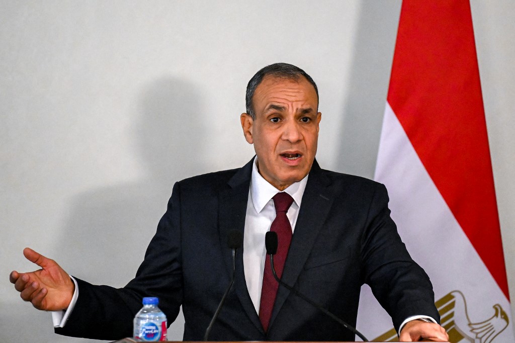 Egypt's Foreign Minister Badr Abdelatty gives a joint press conference with the Netherlands' foreign minister at a hotel in Cairo's eastern outskirts on October 7, 2025.