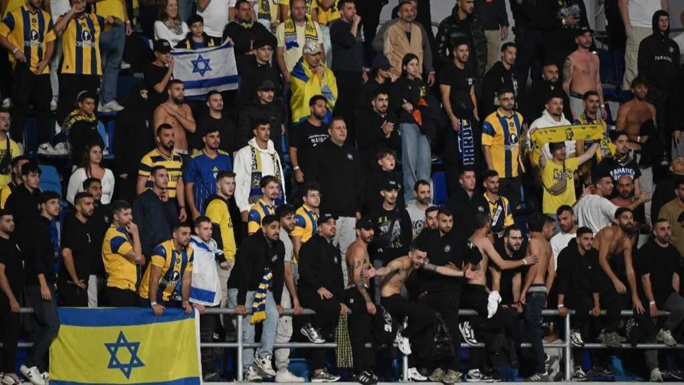 Maccabi Tel Aviv supporters at a Uefa Europa League match between their club and FC Midtjylland in Backa Topola, Serbia, on 23 October 2025 (Andrej Isakovic/AFP)
