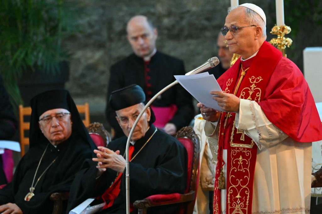 Pope Leo XIV addresses the crowd during a meeting with bishpops, priests consacrated persons and personal workers at the shrine of Our Lady of Lebanon in Harissa, northeast of the capital Beirut, on December 1, 2025.