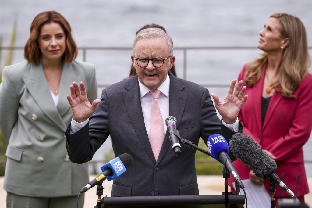 Australia’s Prime Minister Anthony Albanese (C) speaks during an official function to mark the start of Australia’s social media reform at Kirrilbilli House in Sydney on December 10, 2025.