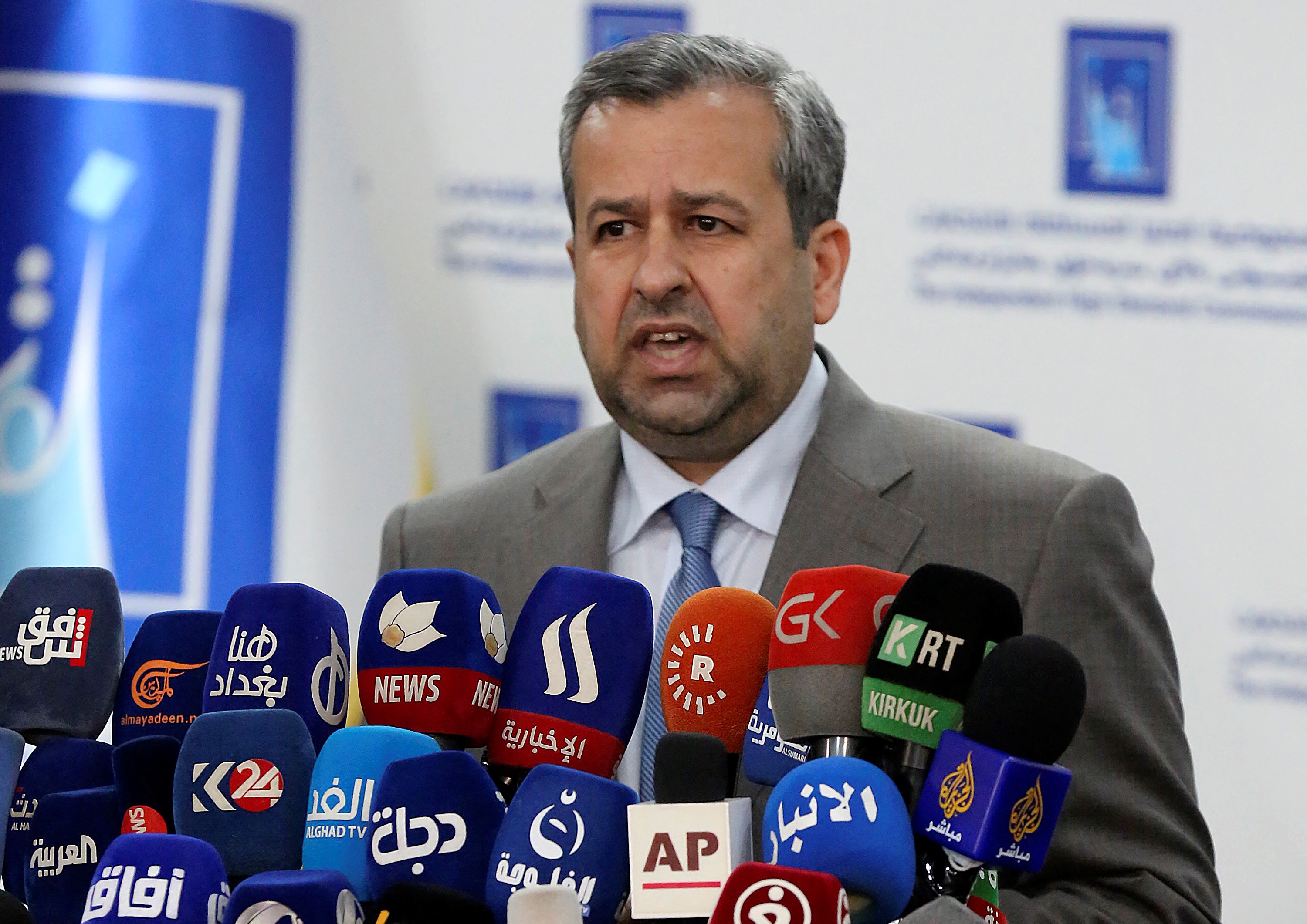 Judge Jalil Adnan Khalaf, chairman of Iraq's Independent High Electoral Commission, speaks in the capital Baghdad on October 11, 2021 (AFP)