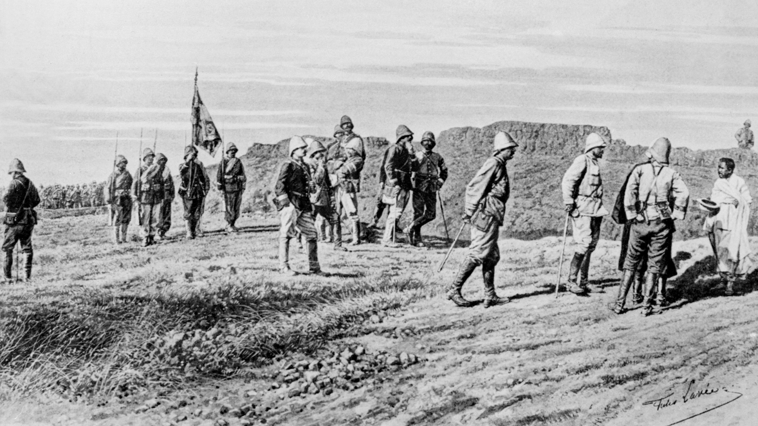 Reproduction of an 1895 drawing depicting the arrival in Madagascar of French parliamentarian Hova, who came to colonize the island