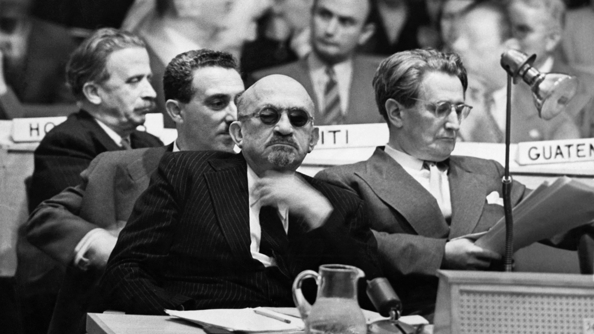 Zionist leader Chaim Weizmann listens to the Arab Higher Committee’s case against partition at the UN in New York on 18 October 1947 (Acme Newspictures/AFP)