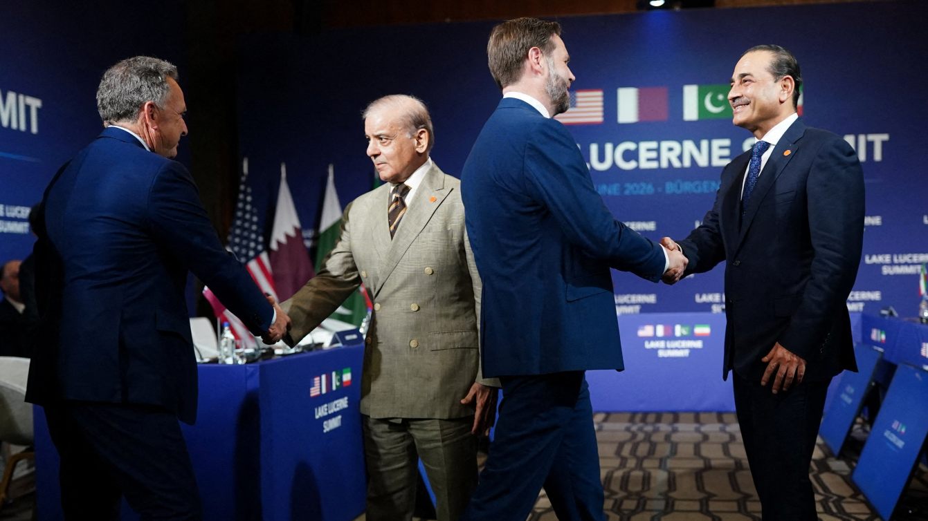 US Vice President JD Vance, special envoy Steve Witkoff, Pakistan’s Prime Minister Shehbaz Sharif and Field Marshal Asim Munir greet each other ahead of talks at the Bürgenstock resort in Switzerland, 21 June 2026 (Nathan Howard/Pool/AFP)