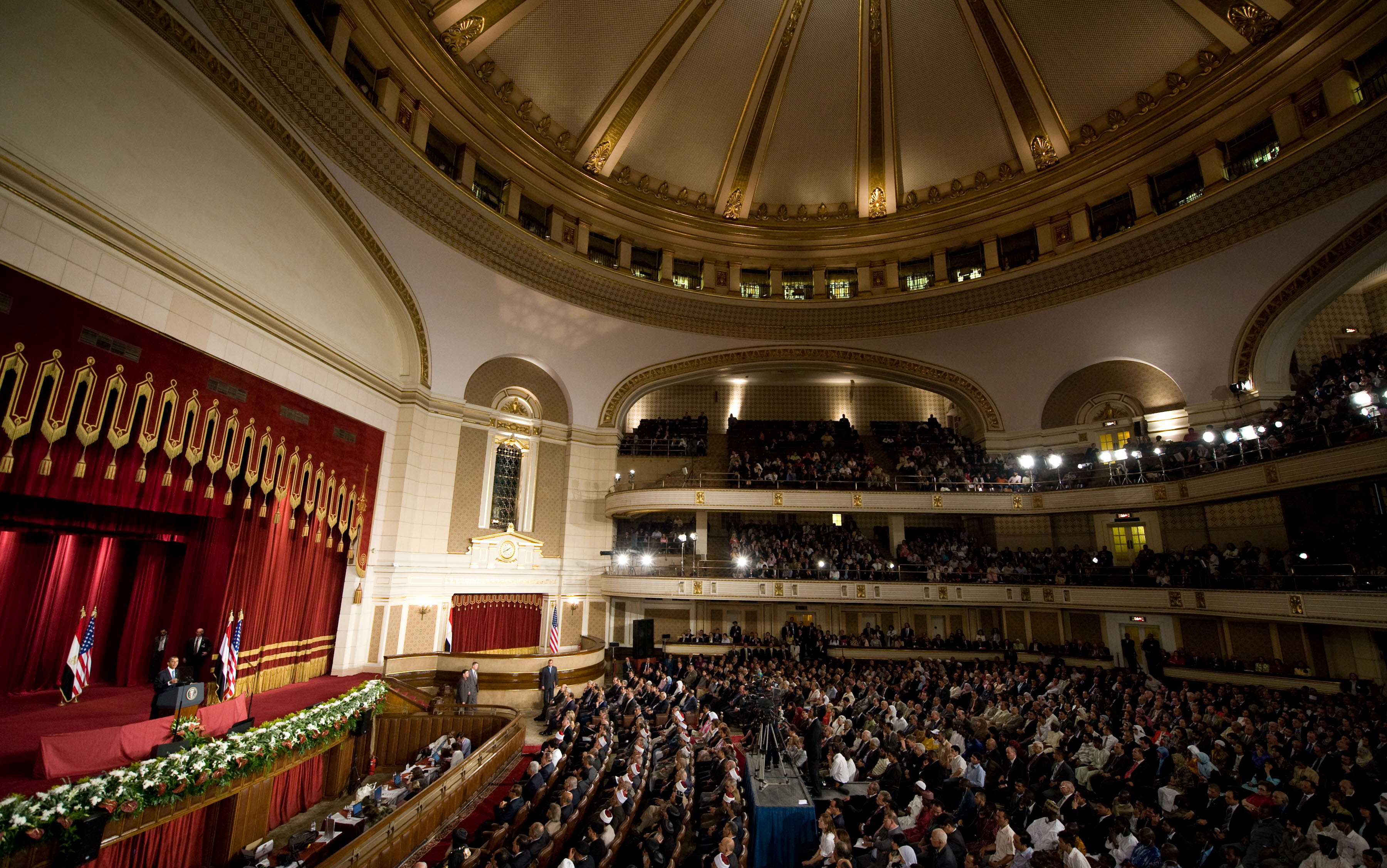 US President Barack Obama delivers his landmark address to the Muslim world on 4 June, 2009 in the Grand Hall of Cairo University in Cairo (AFP)