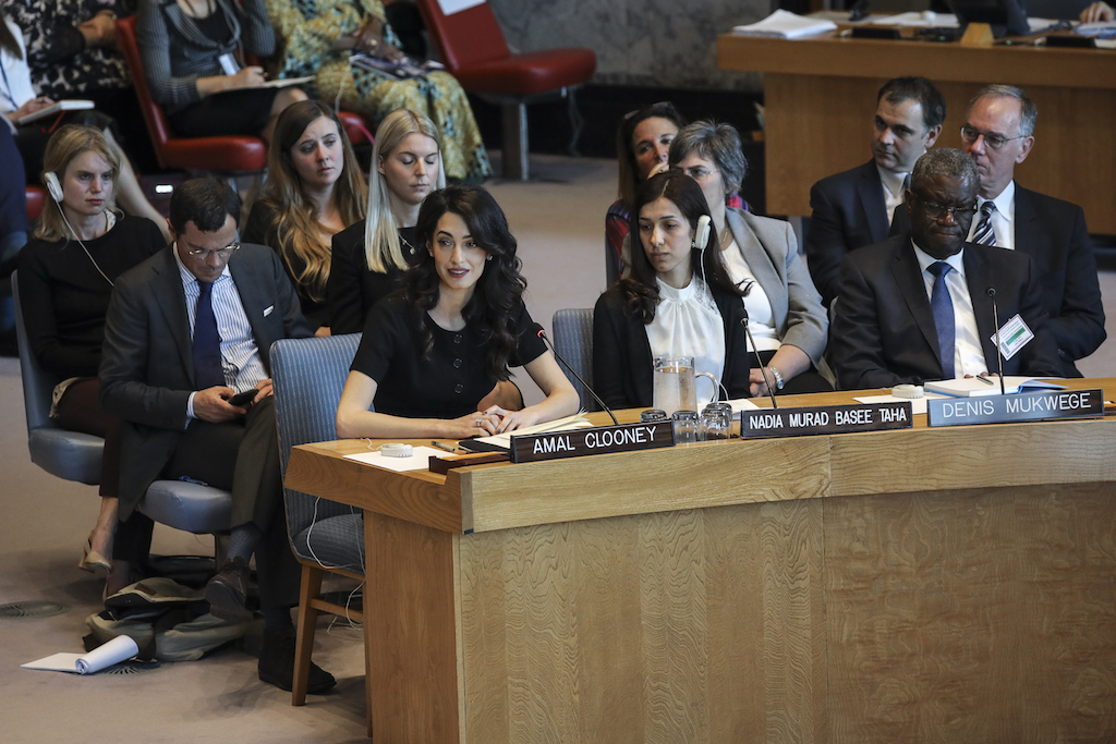 Human rights lawyer Amal Clooney (L) speaks as Iraqi human rights activist Nadia Murad Basee Taha and Nobel Peace Prize winner Denis Mukwege look on during a United Nations Security Council meeting at UN headquarters (AFP)