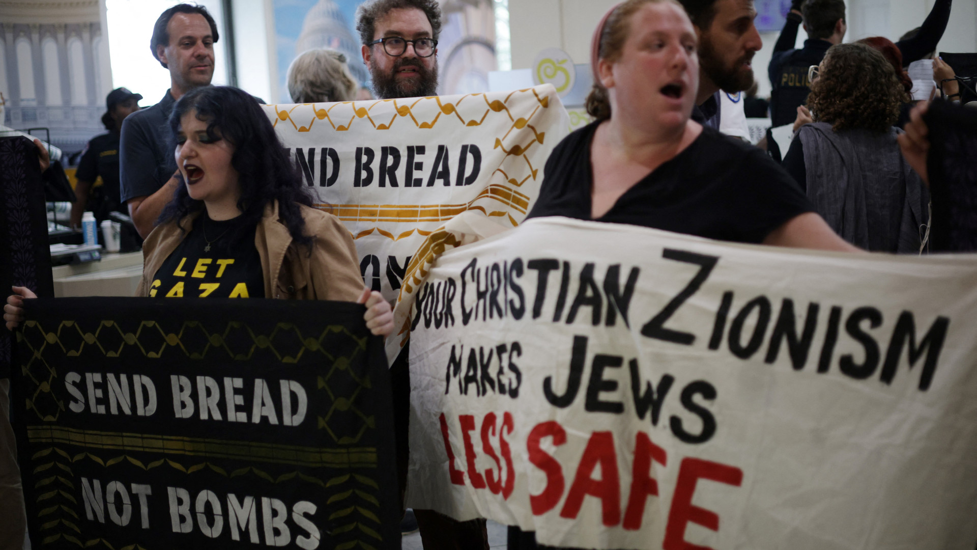Activists protest at the Rayburn House cafeteria on Capitol Hill during Christians United for Israel’s lobbying day, 1 July 2025 (Alex Wong/Getty Images via AFP)