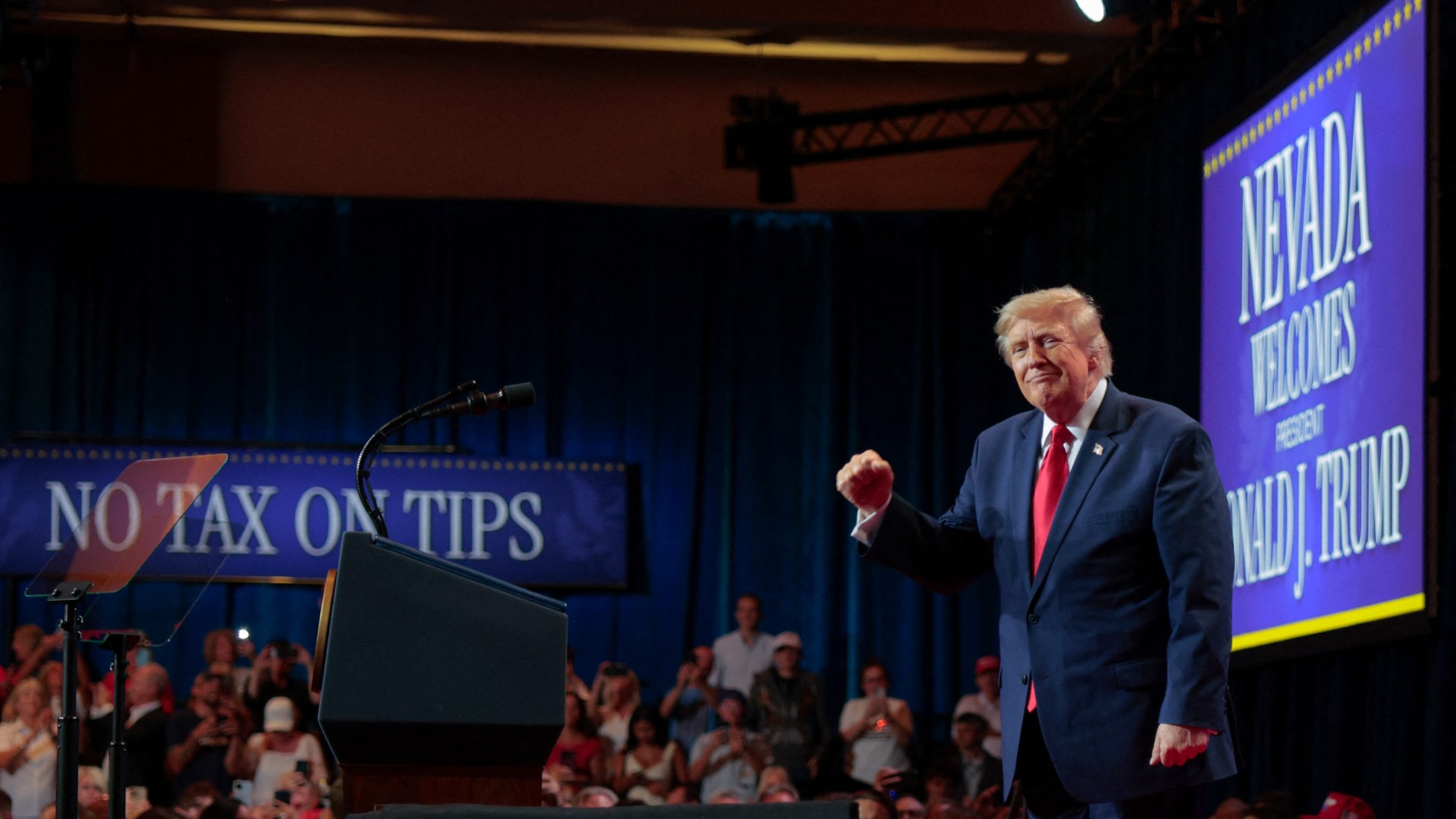 U.S. President Donald Trump gestures to the audience after delivering remarks during an event at Red Rock Casino Resort and Spa on August 05, 2026 in Las Vegas, Nevada. Chip Somodevilla/Getty Images/AFP