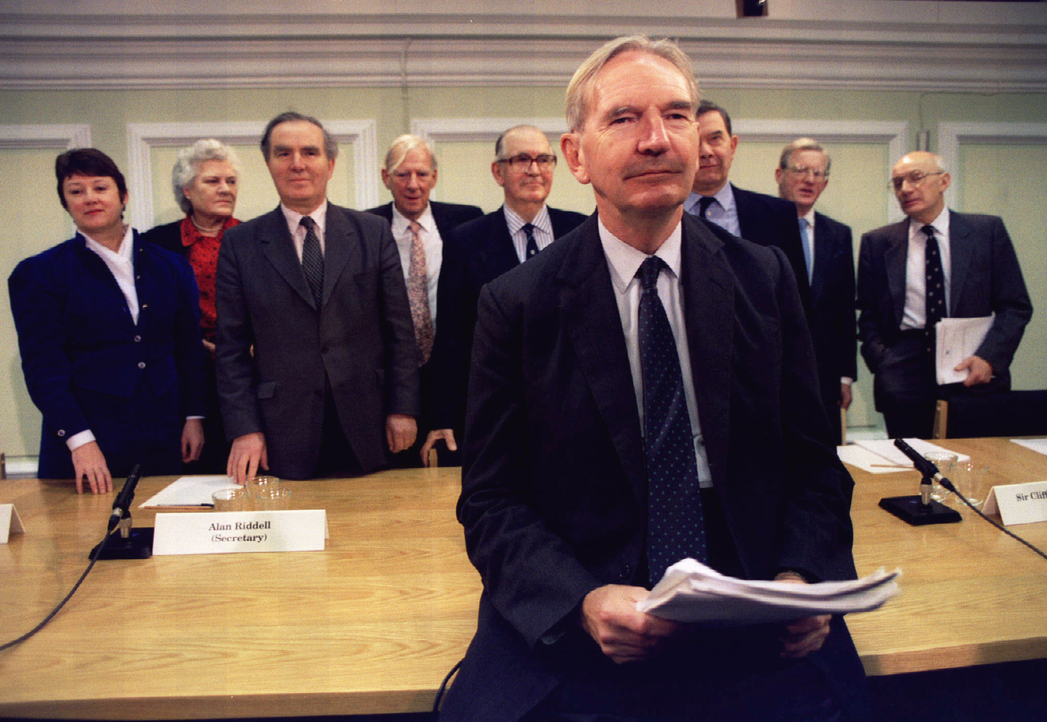 Lord Nolan, a Lord Justice of Appeal, presents his powerful team of lawyers, academics, industrialists and politicians to the media January 17