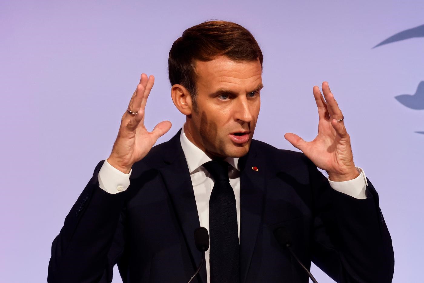 French President Emmanuel Macron delivers a speech to present his strategy to fight 'separatism' on 2 October (Reuters)