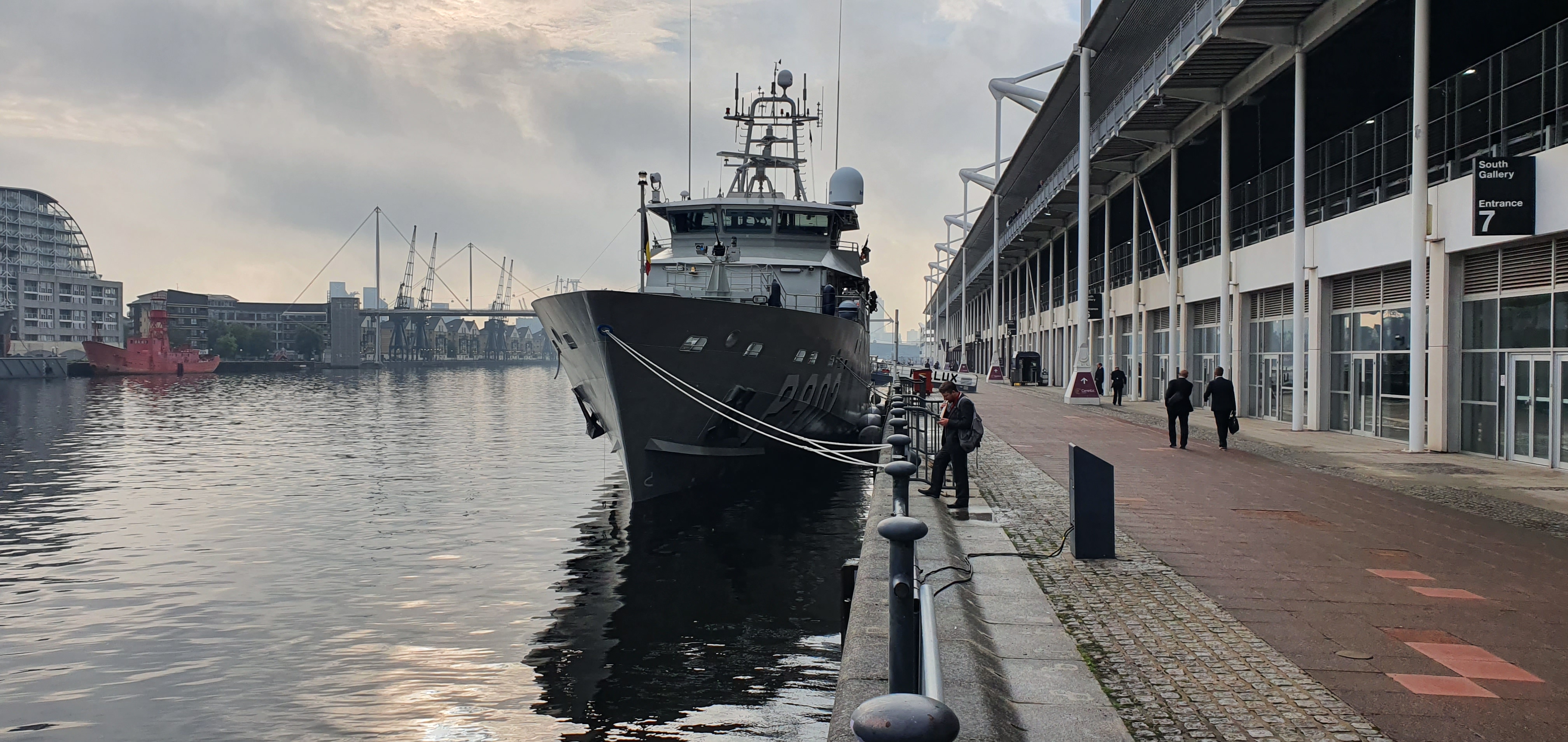A Belgian-flagged vessel docked on the Thames by the Excel centre