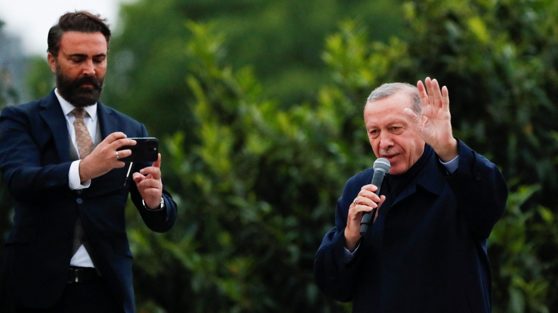Turkish President Tayyip Erdogan addresses his supporters following early results for the second round of the presidential election in Istanbul (Reuters)