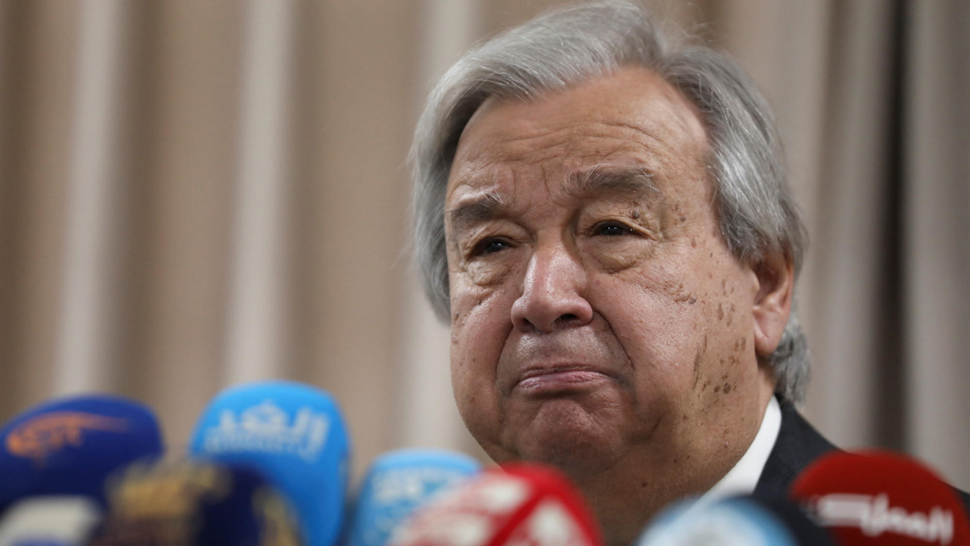 United Nations Secretary-General Antonio Guterres looks on during a press conference inside an Unrwa school in Amman, Jordan 25 March 2024 (Reuters/Antonio Guterres)