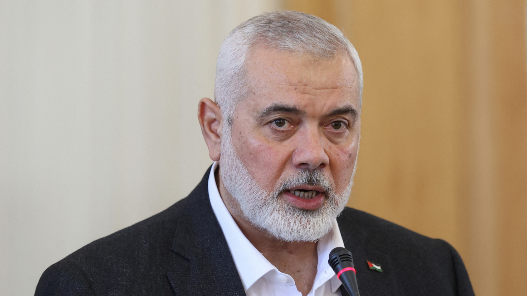 Palestinian group Hamas' top leader, Ismail Haniyeh speaks during a press conference in Tehran, Iran, 26 March 2024. (Majid Asgaripour/WANA via Reuters)