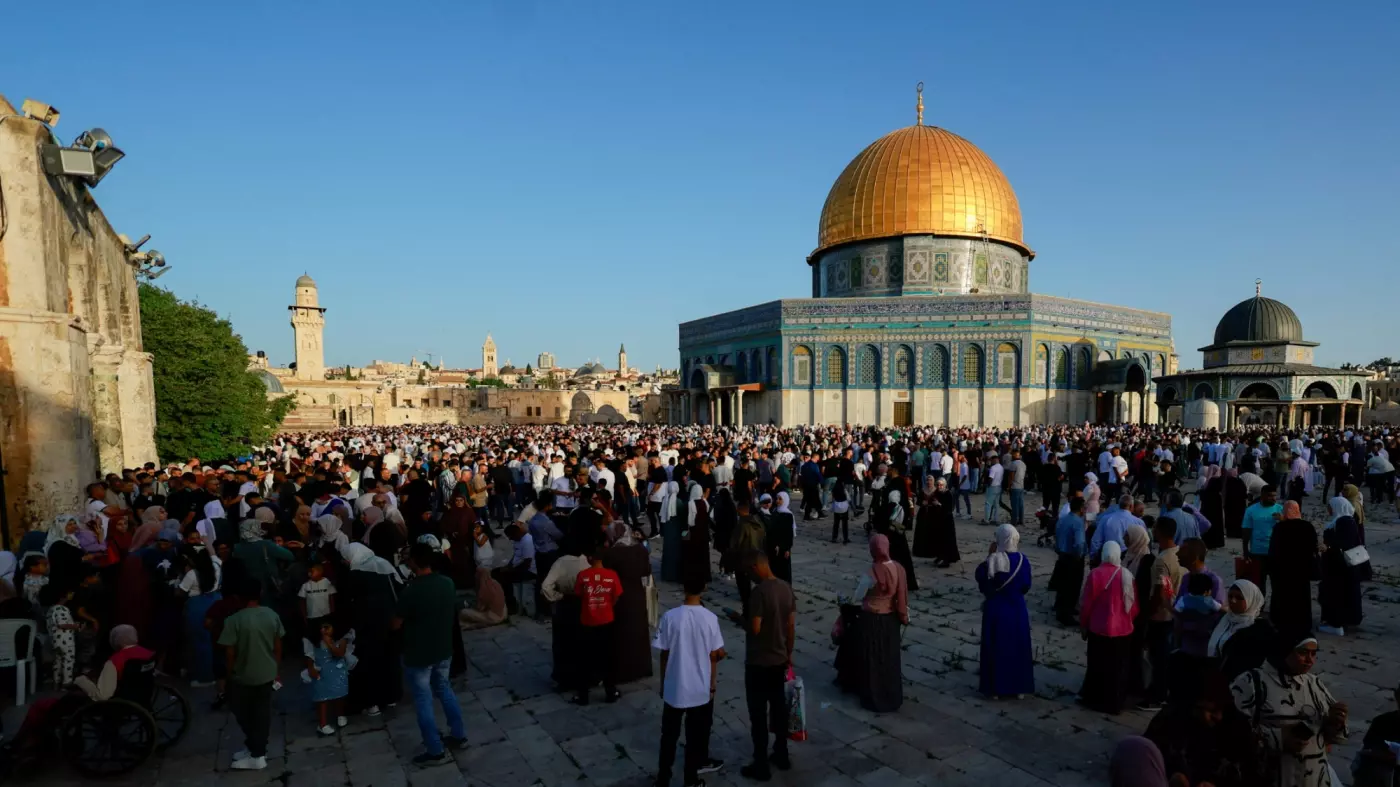 Palestinians gather on the first day of the Muslim holiday of Eid al-Adha at Al-Aqsa Mosque in Jerusalem's Old City, 16 June 2024 (Reuters/Ammar Awad)