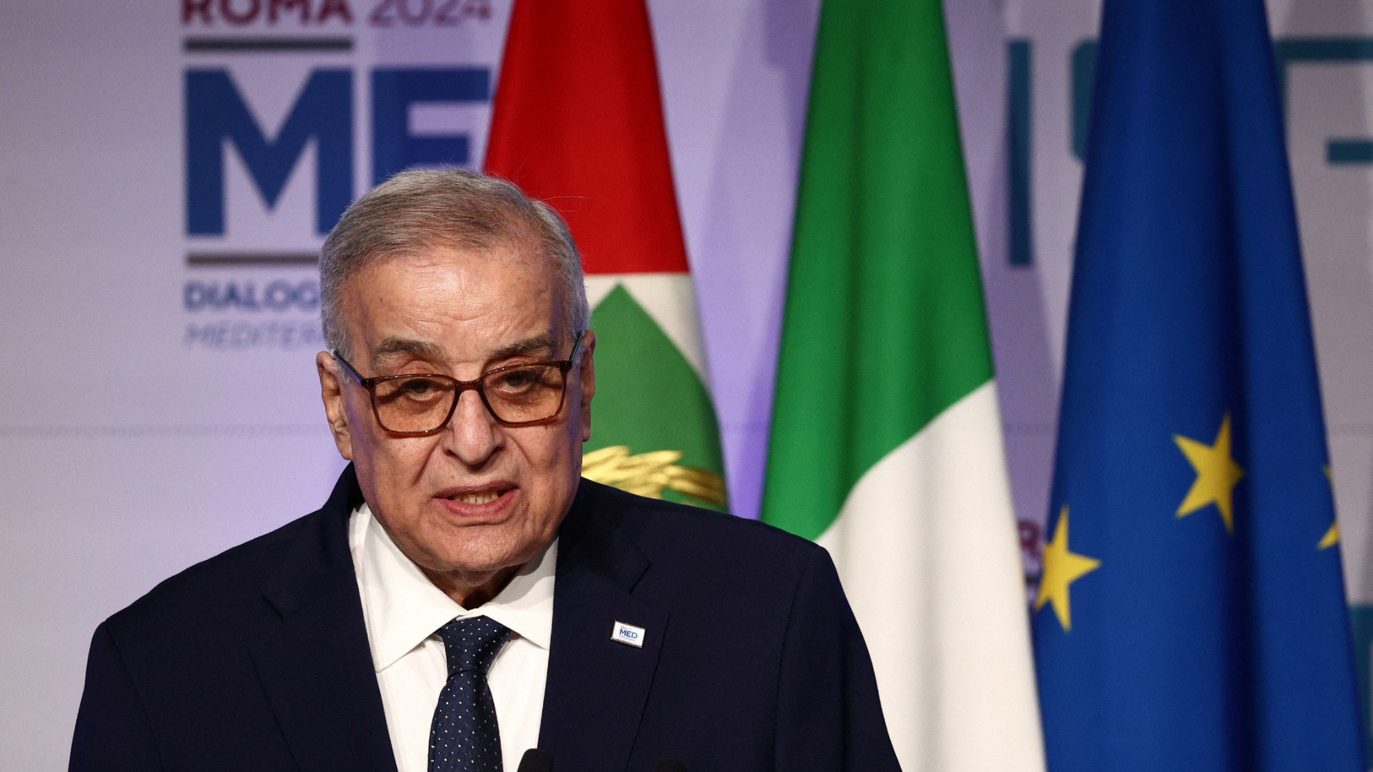 Lebanese Foreign Minister Abdallah Bou Habib speaks during the Mediterranean Dialogues conference in Rome, Italy, 25 November 2024 (Reuters/Guglielmo Mangiapane)