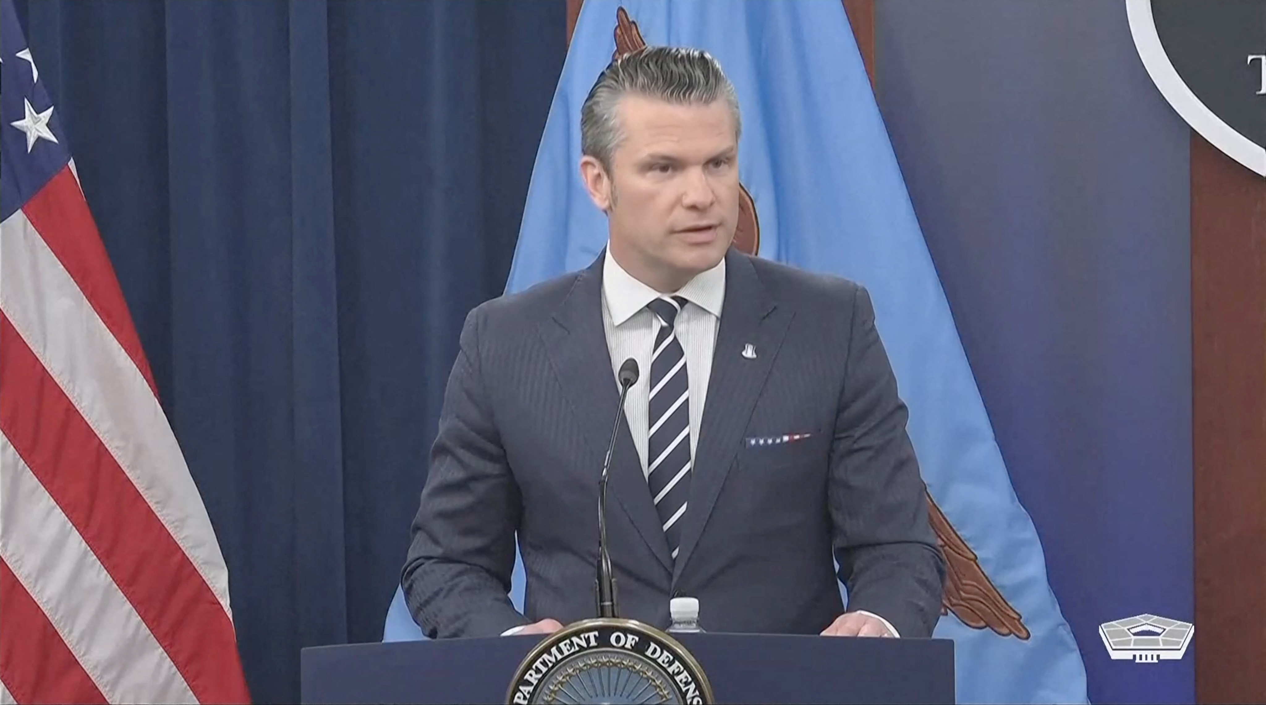 US Defence Secretary Pete Hegseth speaks at the Pentagon after strikes on Iranian nuclear sites, 22 June 2025 (Reuters/Handout)