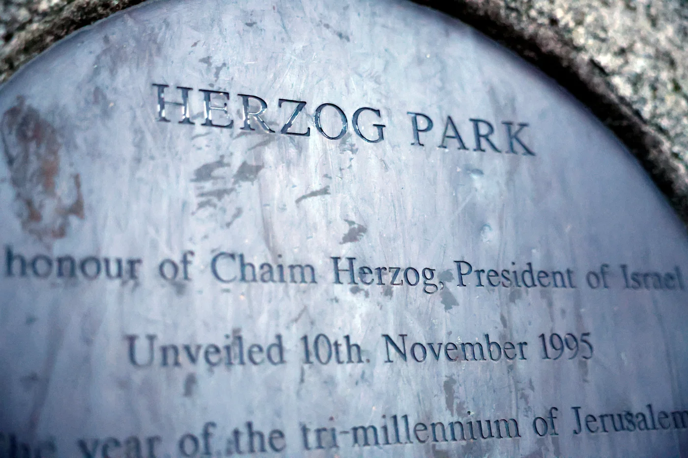 A plaque reads 'Herzog Park' commemorating Chaim Herzog, Israel's sixth president, Dublin, Ireland, 30 November 2025 (Reuters/Clodagh Kilcoyne)
