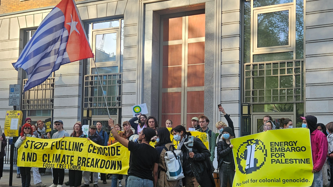 Protesters hold banners and carry West Papuan flag (Shraddha Joshi/MEE)