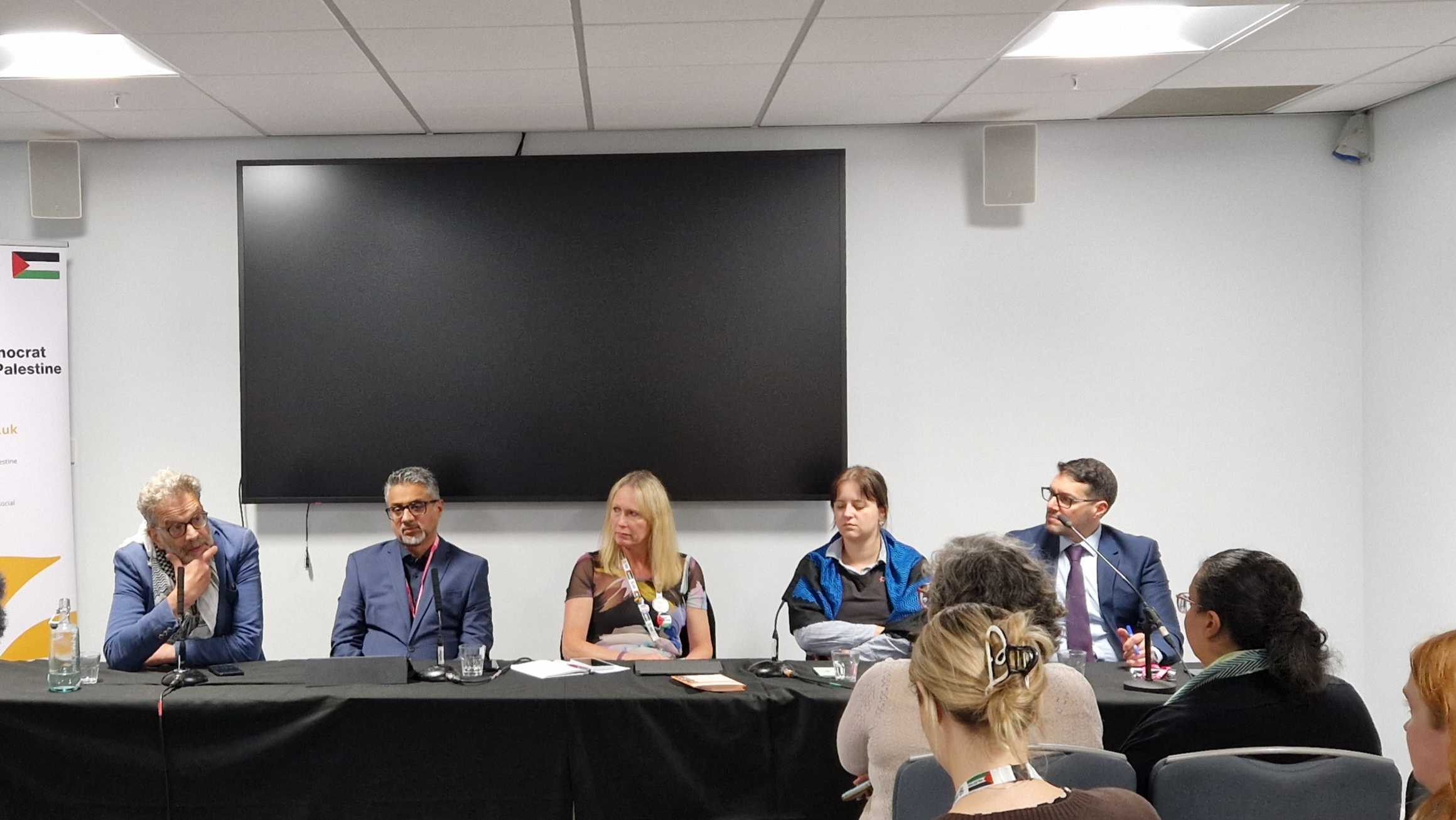 Ben Jamal, Tayab Ali, Anne-Marie Simpson, Emili Stevenson and Ehab Omar (left to right) at a LDFP event on Sunday night. (Imran Mulla/MEE)