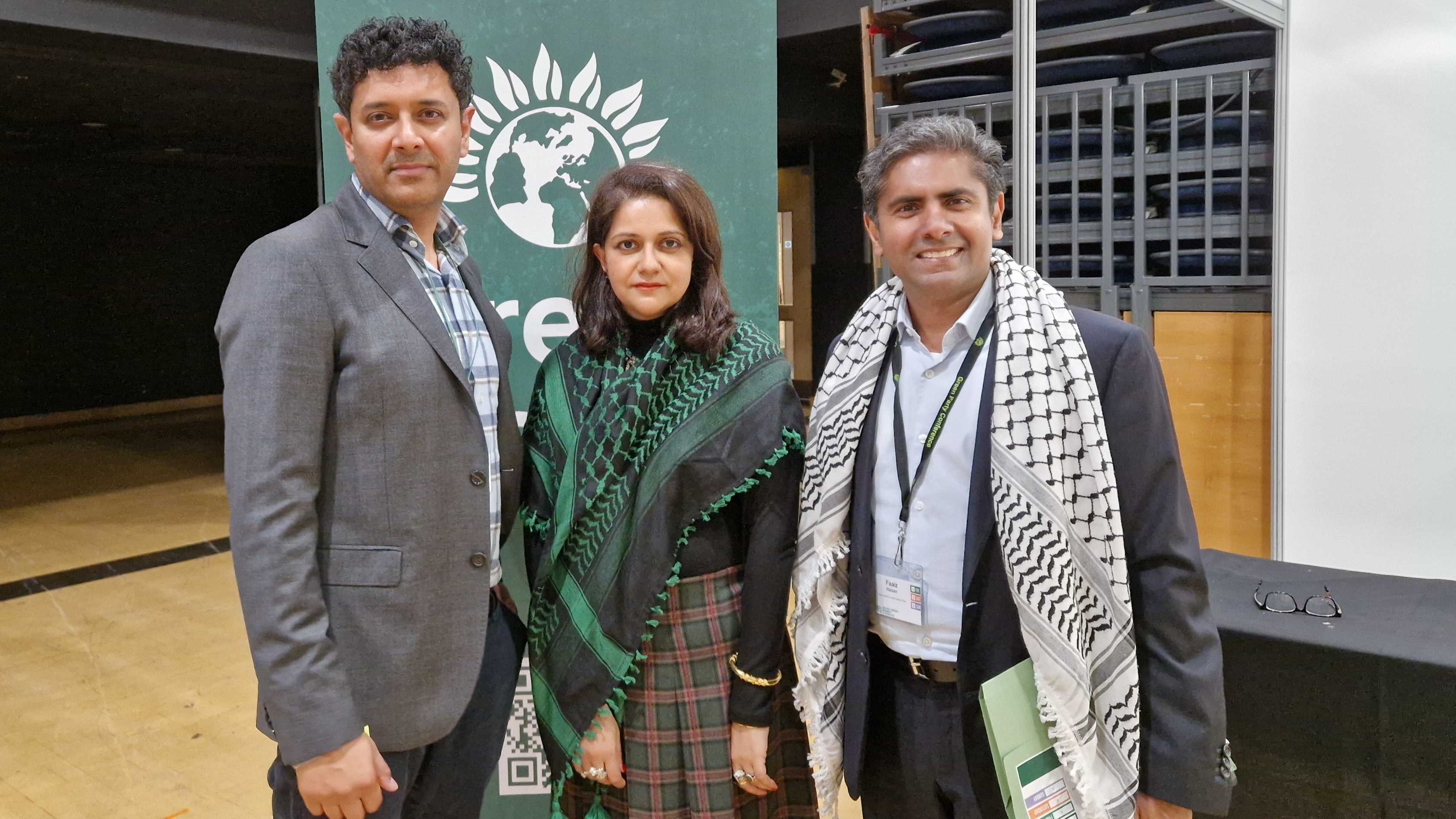 Fesl Reza-Khan, Asma Alam and Faaiz Hassan, who are on the Green Party's executive committee, at the party conference in Bournemouth on Friday 3 October.