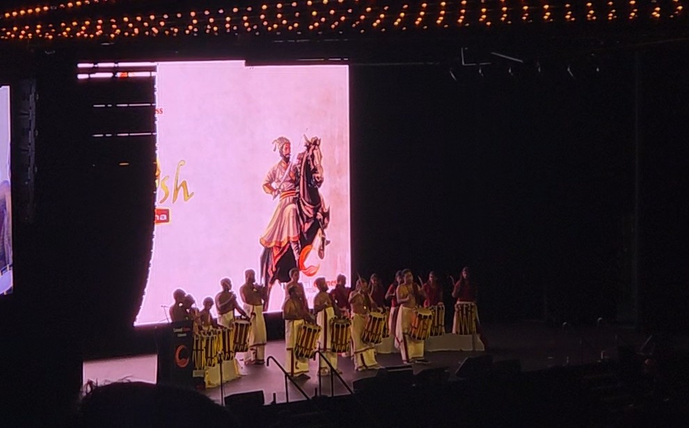Event stage featuring image of Maratha ruler Shivaji, viewed as an icon for the Hindutva movement (Shraddha Joshi/MEE)