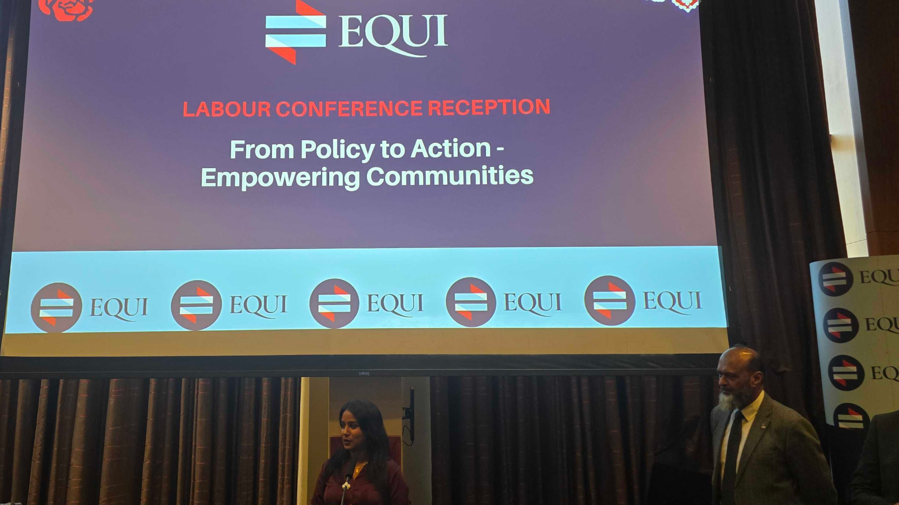 Labour minister Uma Kumaran speaks at the Equi event. (Imran Mulla/MEE)