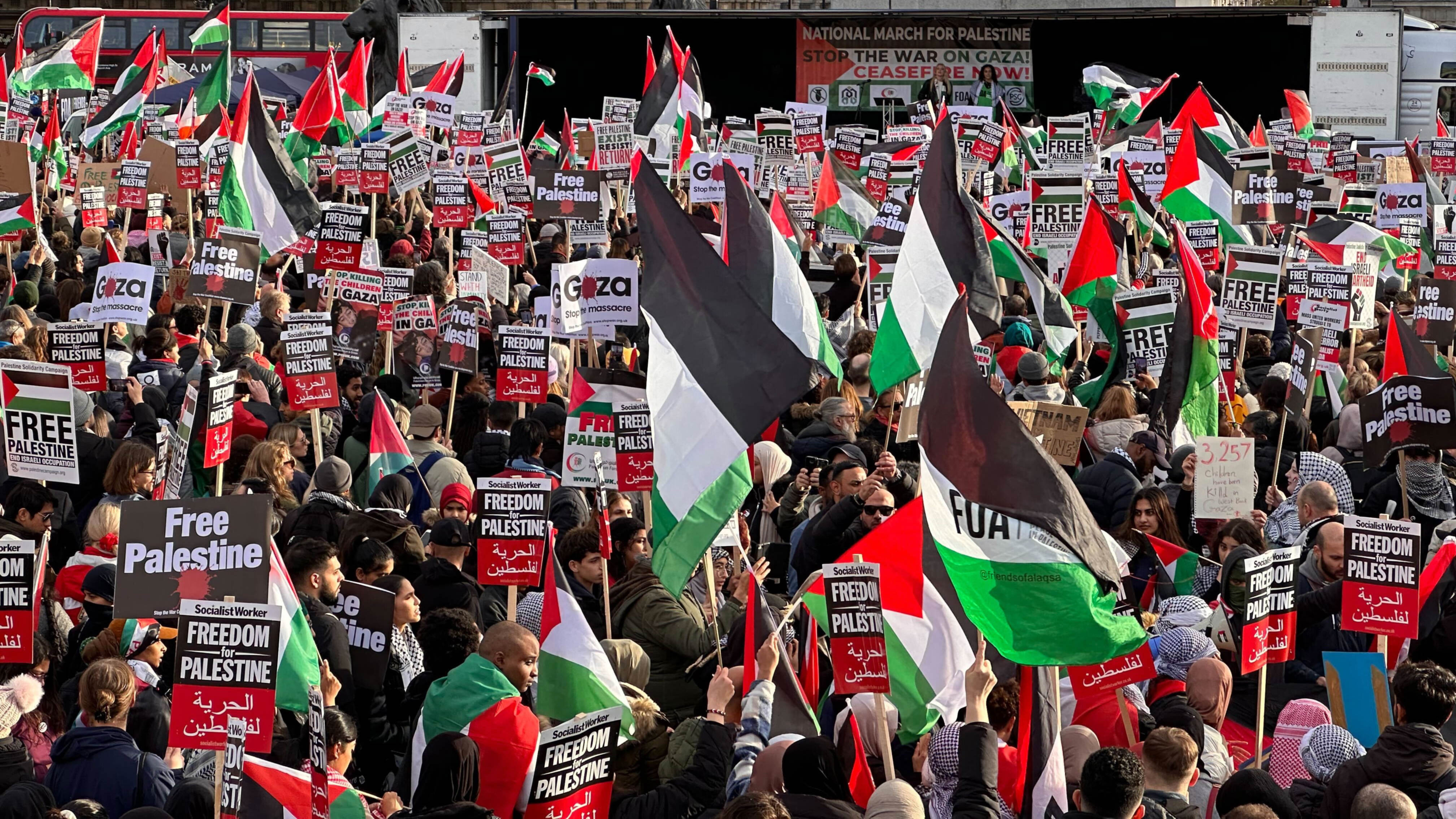 Protestors amass in Trafalgar Square to demand a ceasefire in Gaza (Reuters)