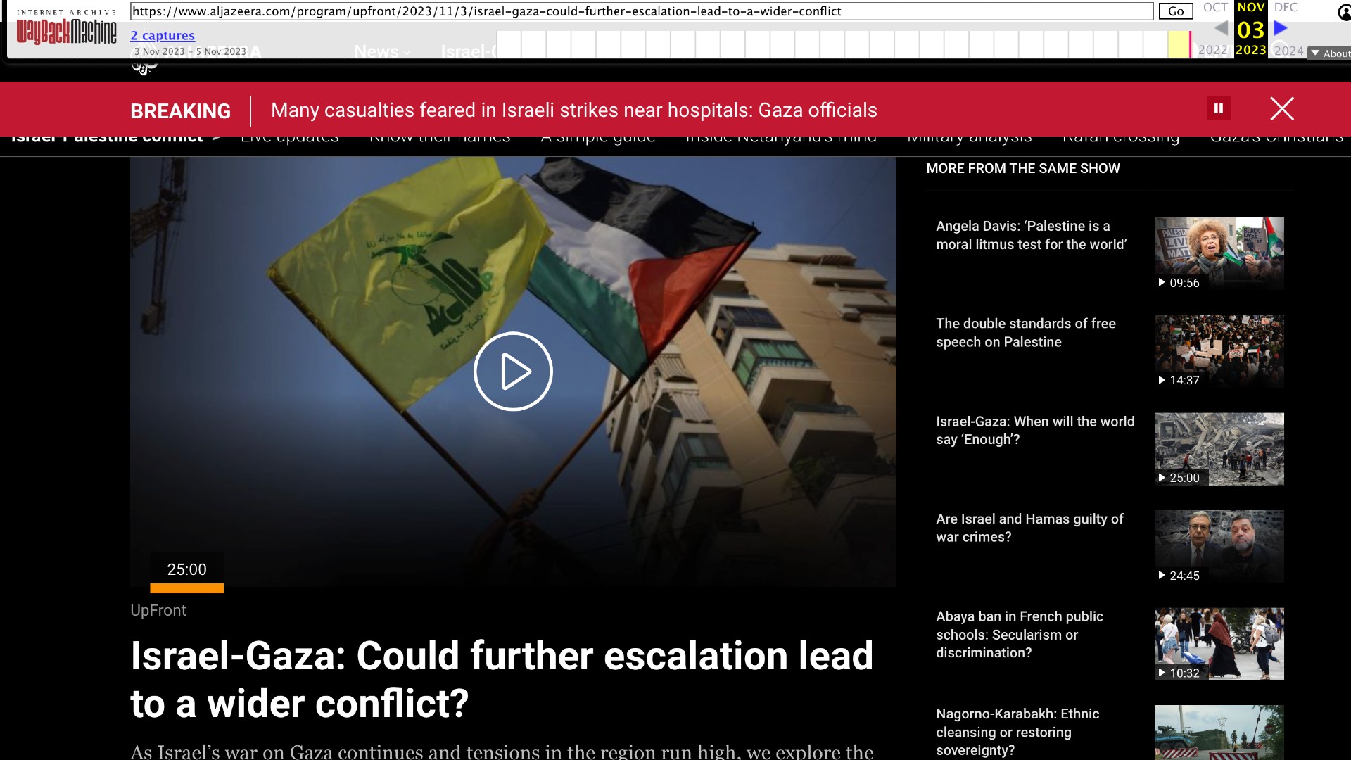 The video of the show, available on the Wayback Machine archive, which appeared on the Al Jazeera website on 3 November (Wayback Machine)