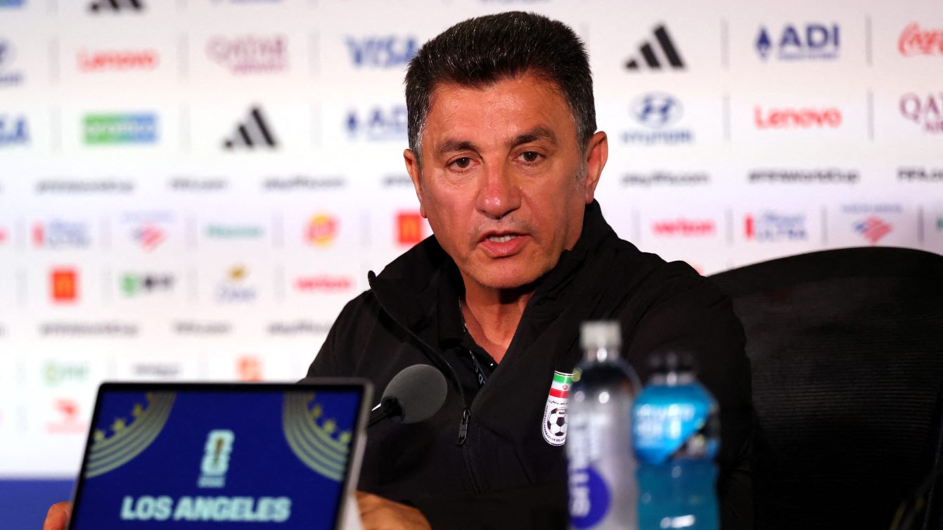 Amir Ghalenoei attends a press conference ahead of Iran’s FIFA World Cup 2026 Group G match against Belgium in California, 20 June 2026 (Harry How/Getty Images via AFP)