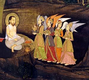 Aquarelle représentant Ibrahim ibn Adham recevant la visite d’anges, datée de 1760-1770 (Wikimedia)