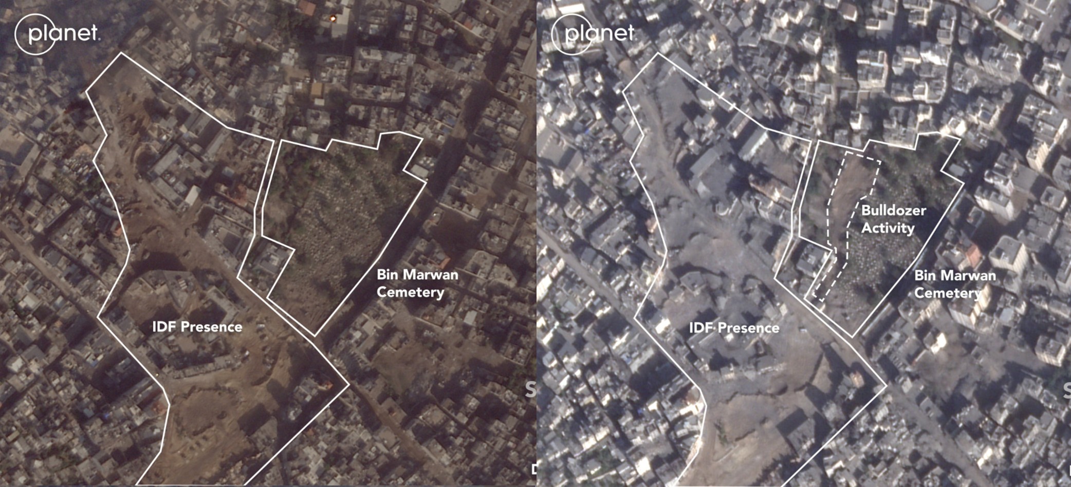 Satellite images of al-Faluja cemetery dated 6 December 2023 (L) and 10 December 2023 (R) (Planet Labs via  Jake Godin/Scripps News)