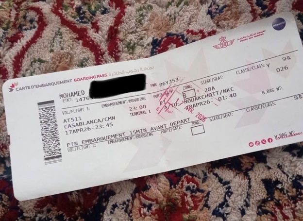 Boarding pass of a Mauritanian man forcibly deported from Morocco on 17 April 2026 (courtesy of Border Resistance)