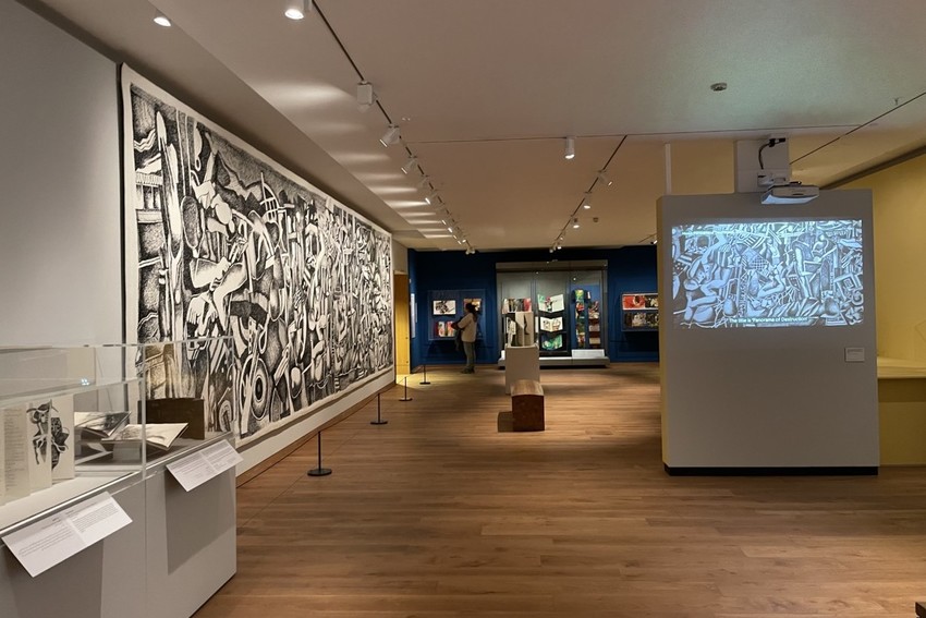 Mosul: Panorama of Destruction, seen here on the left is ten metre long tapestry (Courtesy of Artist) 