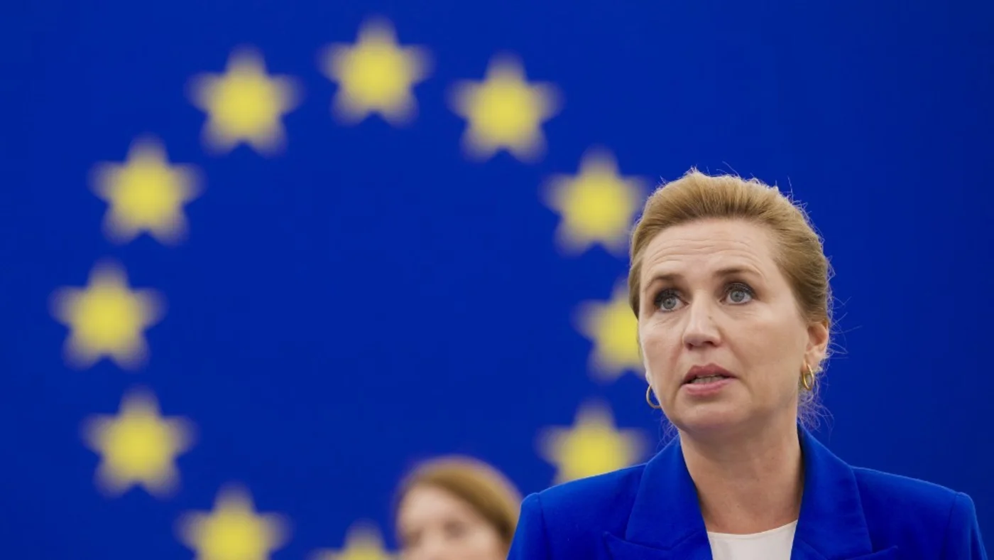 Danish Prime Minister Mette Frederiksen speaks at the European Parliament in Strasbourg, eastern France, on 8 July 2025 (Jean-Christophe Verhaegen/AFP)