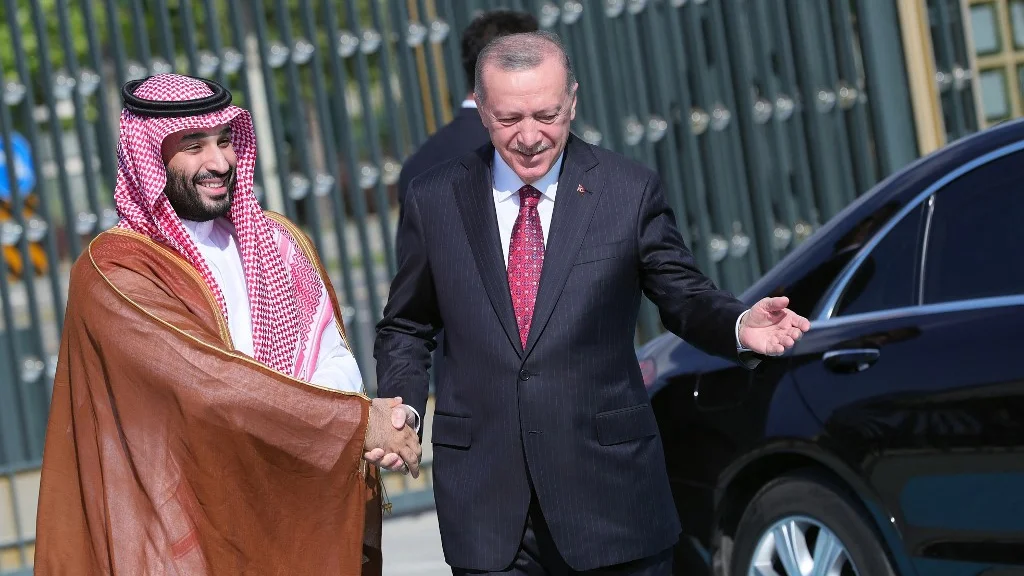 Turkey's President Recep Tayyip Erdogan (right) welcomes Crown Prince Mohammed bin Salman at the Presidential Complex in Ankara in June 2022 (AFP/Turkish President)