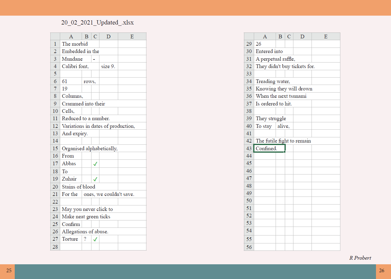R Probert's poem is displayed as an Excel sheet (Between Two Islands)