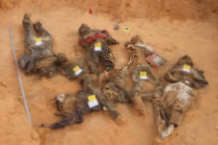Six corpses found in a mass grave in the Libyan town of Tarhuna in October. Around 100 bodies have been discovered so far (Supplied)