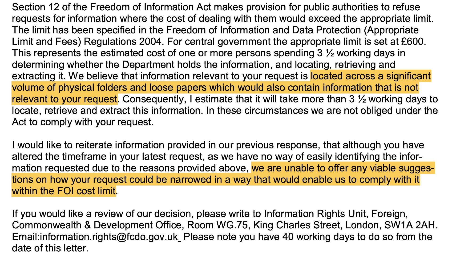 Response to one of my FOI requests that I received from the Foreign Office in September 2022 (MEE)