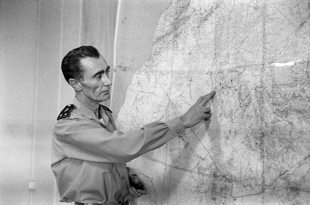 French general Jean Thiry speaks to journalists about the explosion, on 27 December 1960, of the third French atomic bomb at Reggane, in the Algerian Sahara, during the operation called 